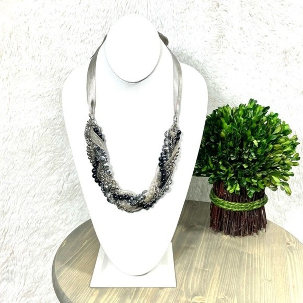 Stella & Dot Pearl & Ribbon Silver Gray Black Braided Statement Babble N…